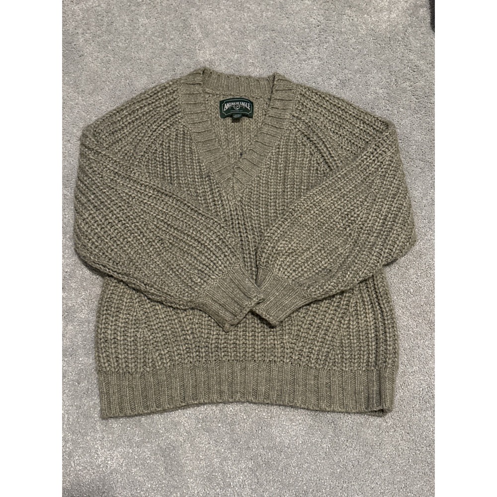 American Eagle Chunky Knit V Neck Sweater Women Size S Beige Cable knit